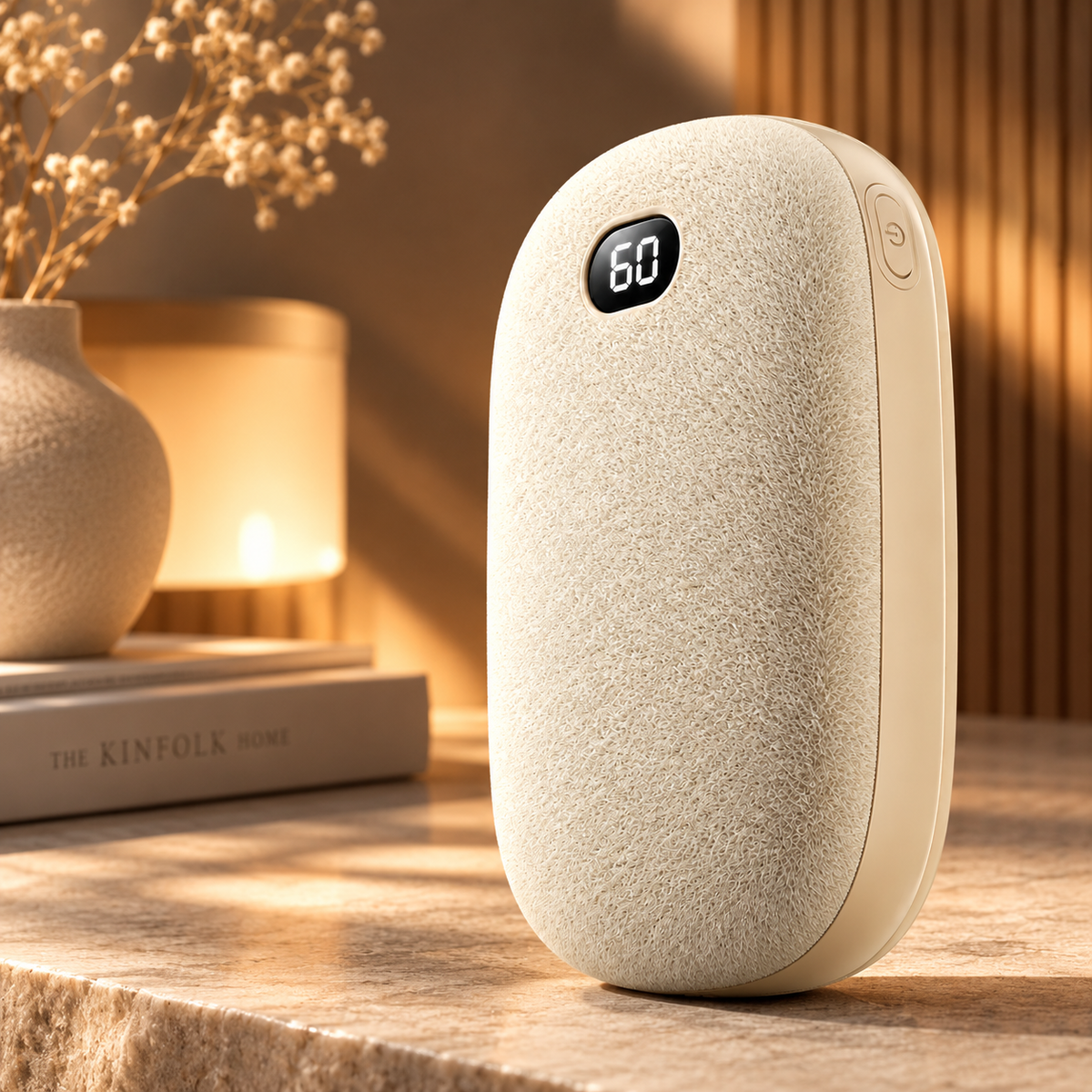 Cream toasti hand warmer and portable charger in warm lighting